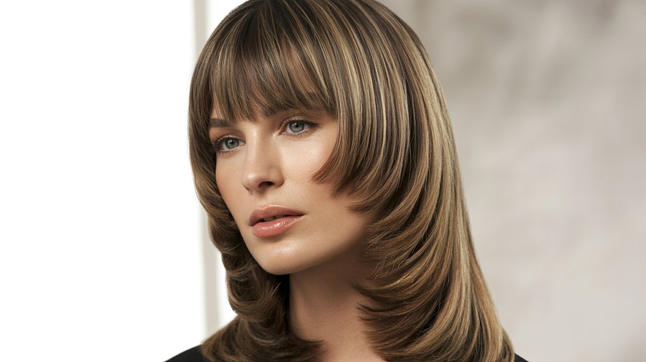 A woman with long, wavy hair featuring heavy face-framing layers and curtain bangs.