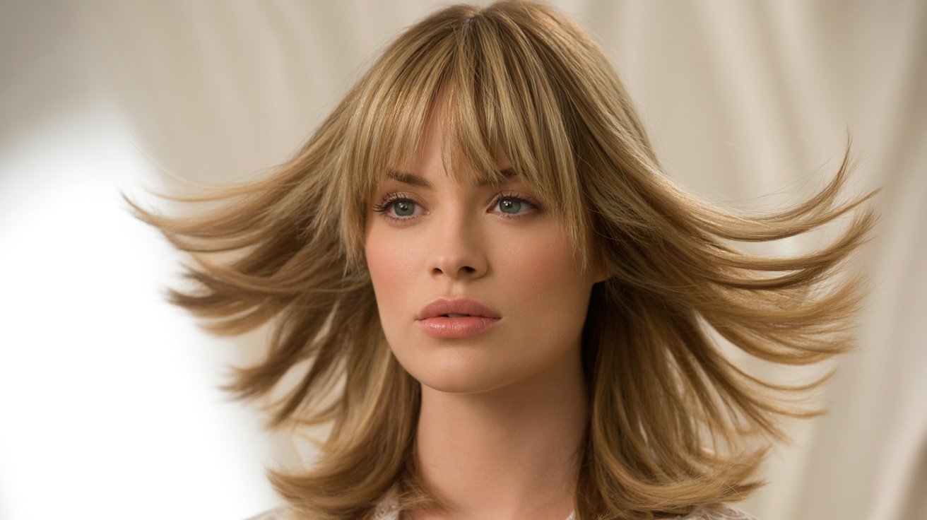 woman with long blond hair styled with feathered bangs, showcasing a trendy hairstyle option.
