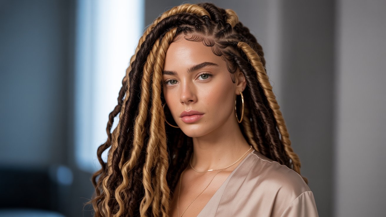 A beautiful young woman with long two-tone faux locs, showcasing a stylish and vibrant hairstyle.