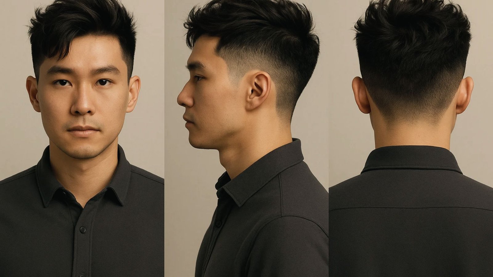 A man featuring a tousled disconnected undercut fade hairstyle from different angles.
