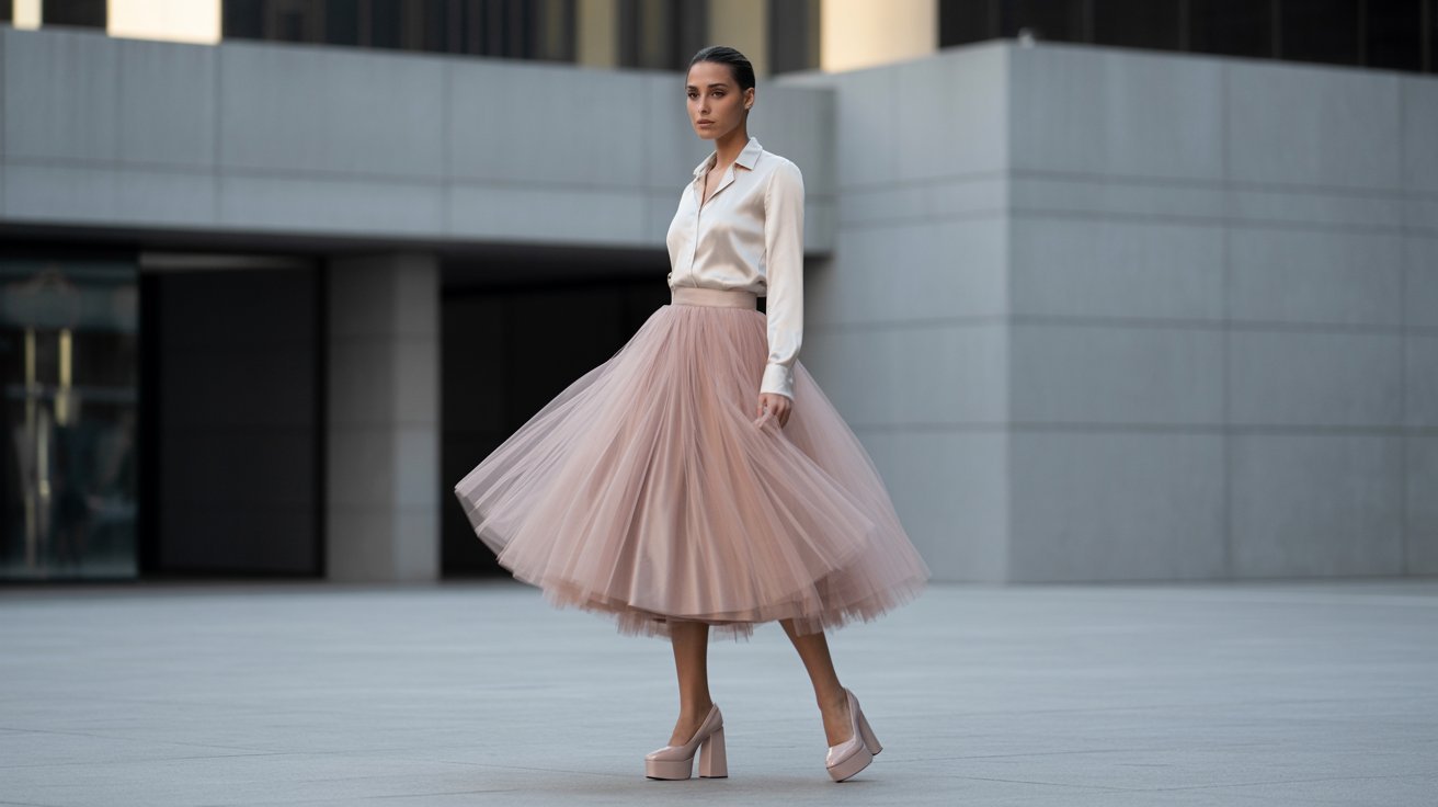 A woman in a flowing pink tulle skirt and a white blouse stands confidently in a modern urban setting. The scene conveys elegance and poise.