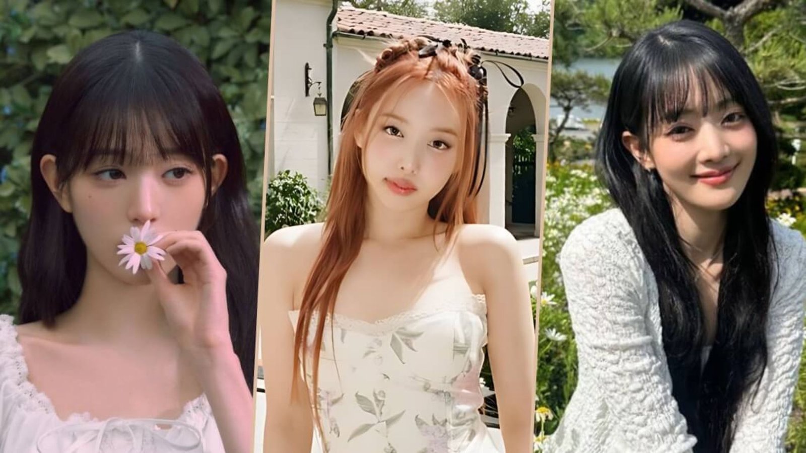 Three women outdoors showing bang styles. Left has wispy see-through bangs, center has no bangs with braided crown, right has full straight-across blunt bangs.
