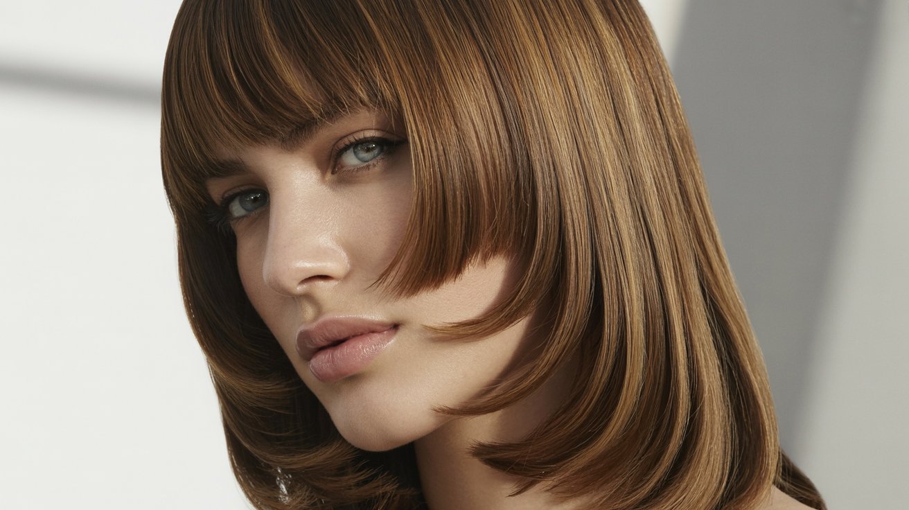 A woman with a long, straight bob haircut featuring flat-ironed ultra sleek layers and curtain bangs.
