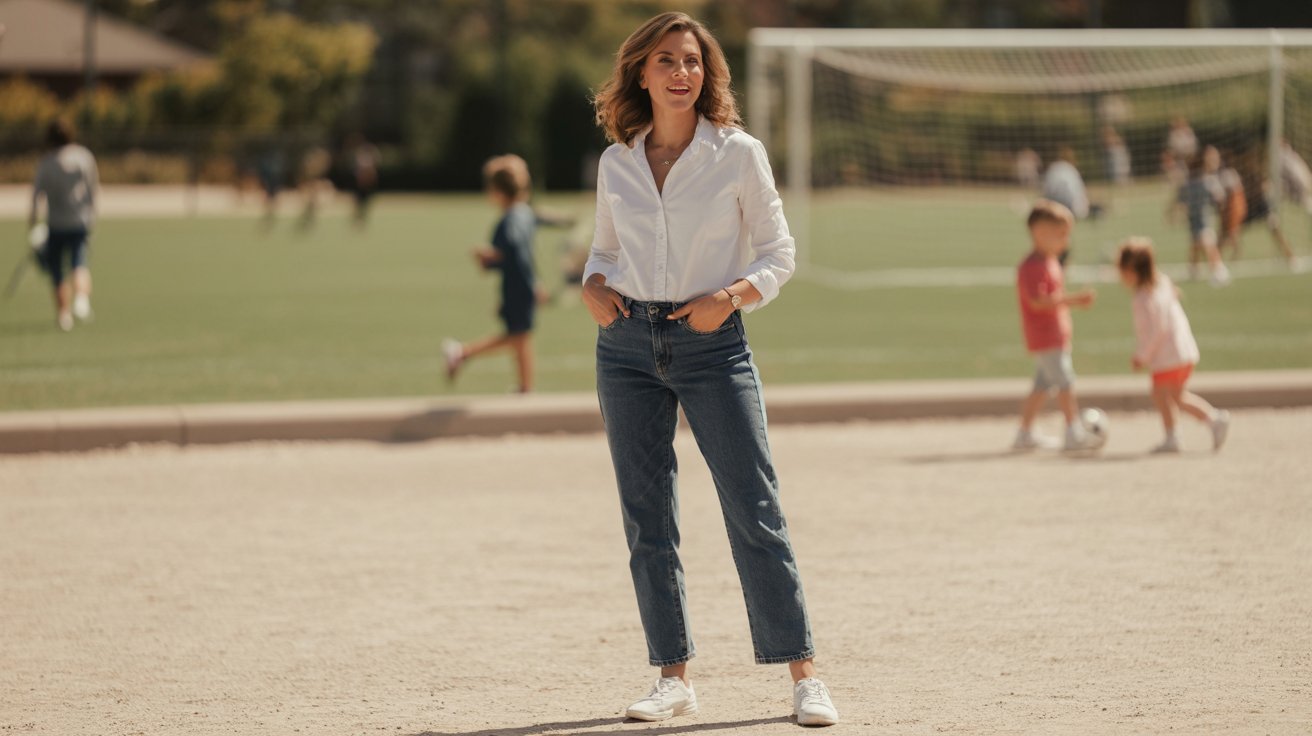 A woman wearing a white button-down shirt and jeans stands in front of a soccer field, exuding a casual yet stylish vibe.