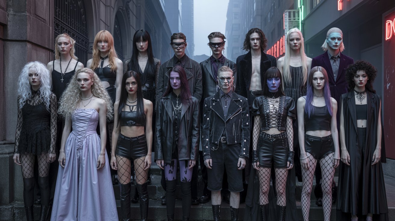 A diverse group of individuals in gothic attire, showcasing various styles and elements of goth fashion and culture.