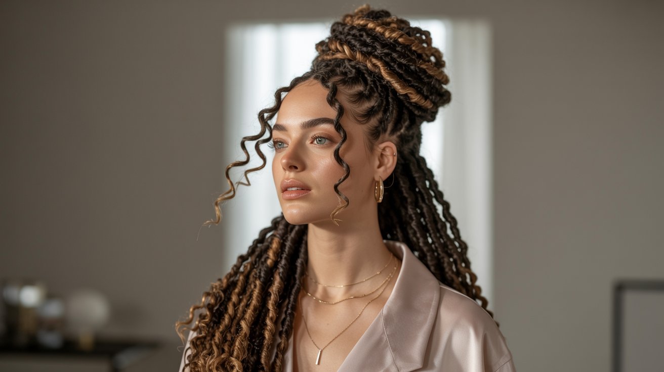 A woman with long dreadlocks styled in a half-up, half-down look, wearing a white shirt.