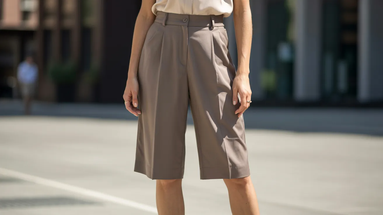 Woman wearing bermuda shorts shown in lower-body fashion view highlighting knee-length coverage, tailored fit, and casual summer style.