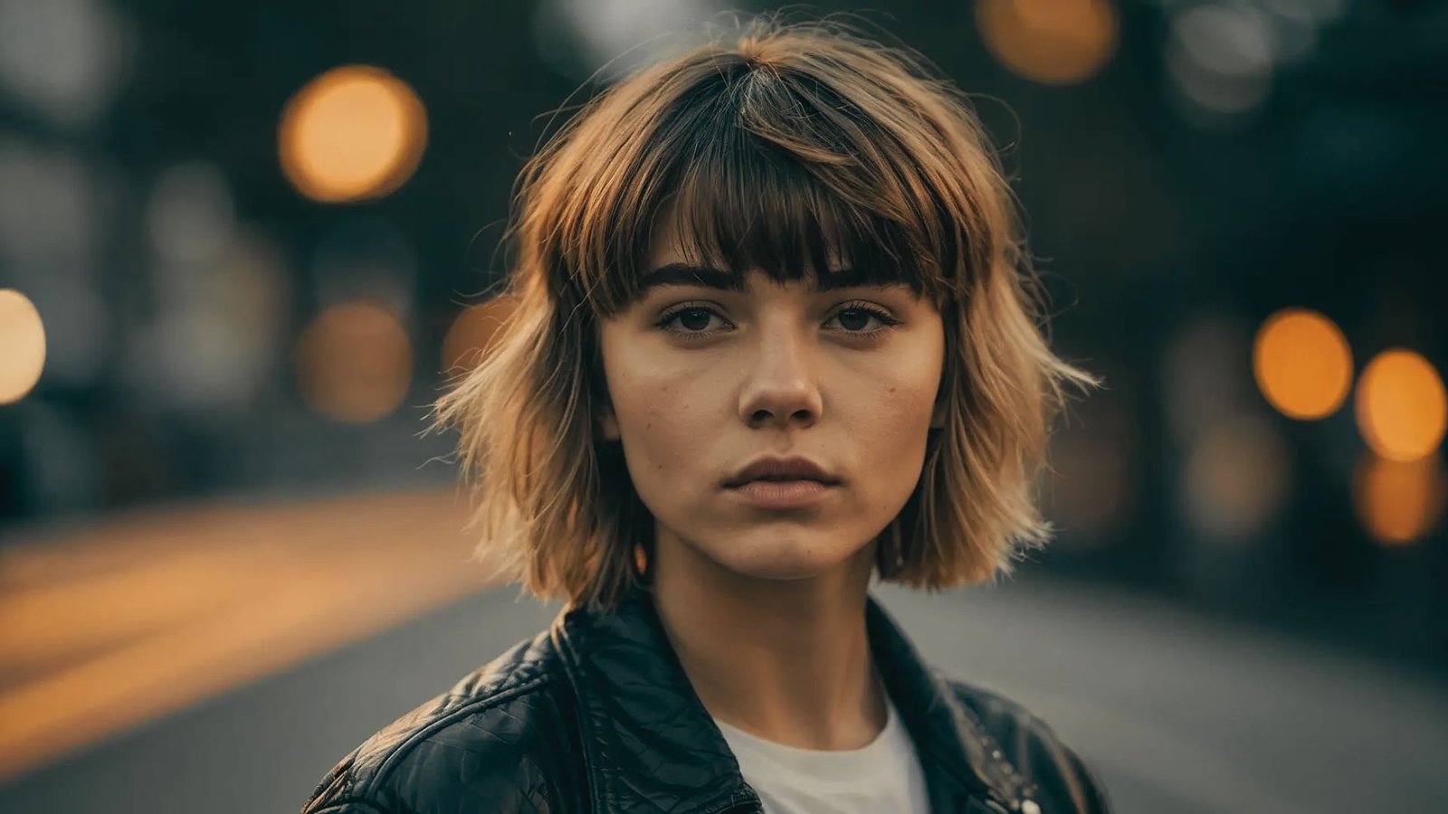 A woman with an undercut mullet hairstyle wearing a leather jacket, exuding a confident and edgy style.