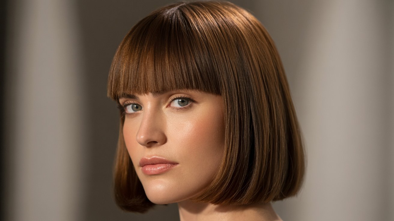 A woman with a short bob haircut and straight-across bangs, showcasing a modern and stylish look.

