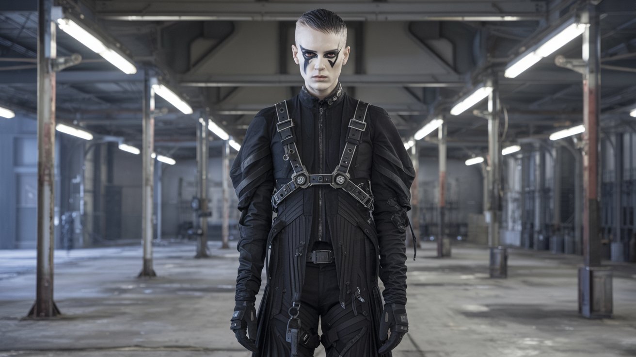A man in a black suit stands alone in a stark, empty warehouse, embodying an industrial goth aesthetic.
