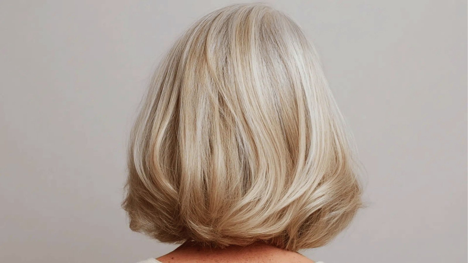 Back view of voluminous shoulder length layered haircut with soft curved shape and smooth waves on dimensional blonde hair