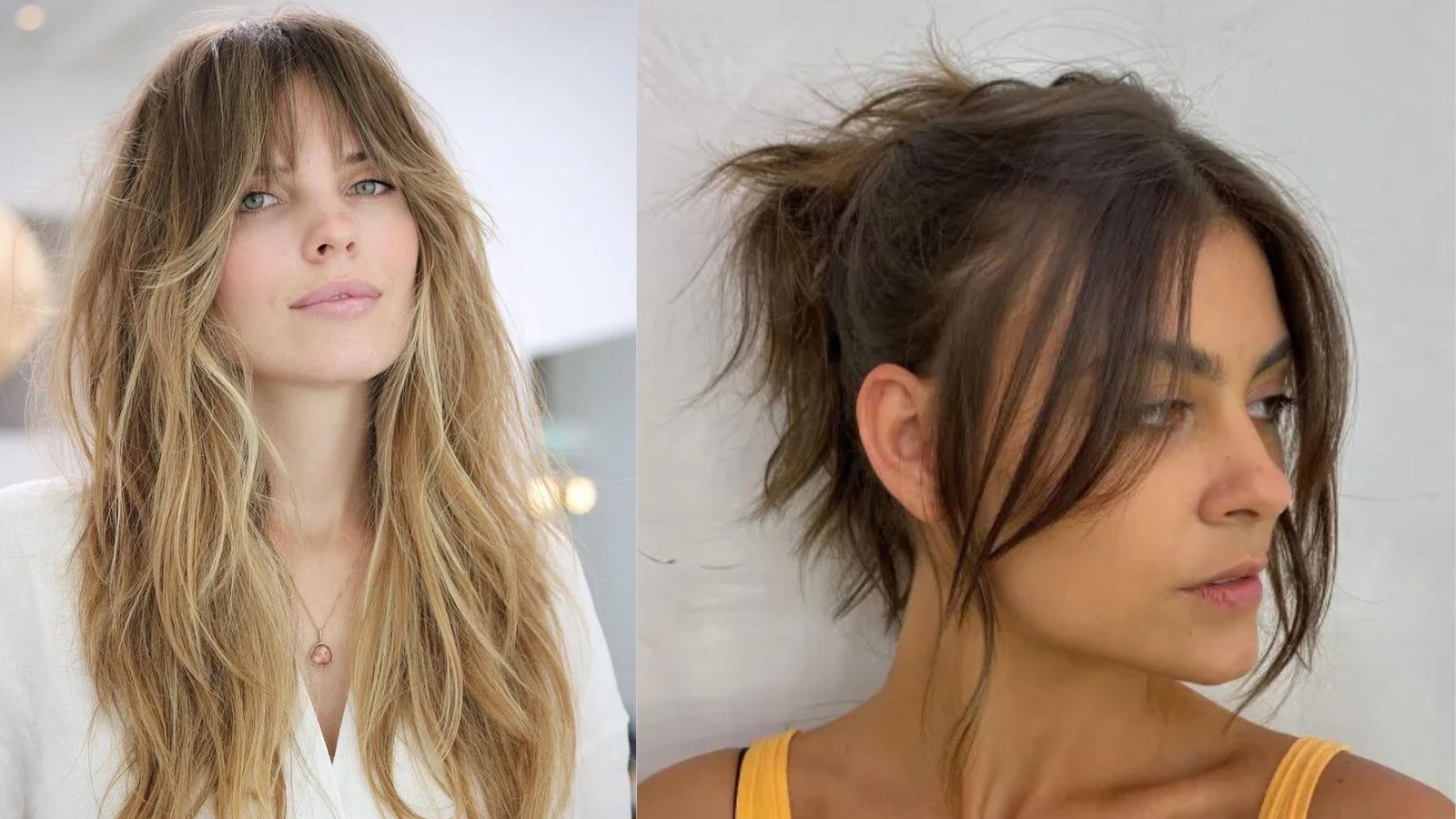 Split image of two women with long hair and textured bangs.
Left has shaggy, see-through bangs on blonde waves, right has long side-swept bangs pulled into a messy updo.