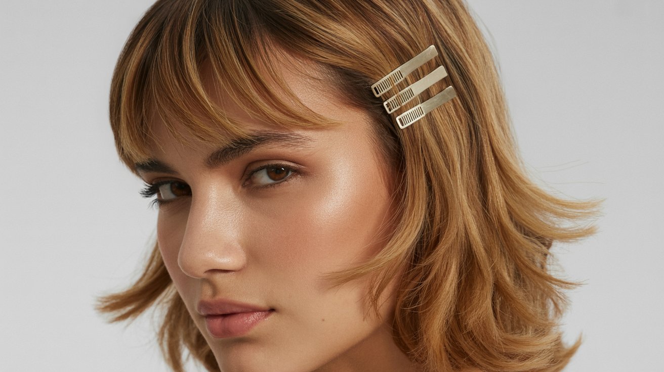 A woman with a short wavy bob haircut, showcasing her stylish look with clip-in bangs.
