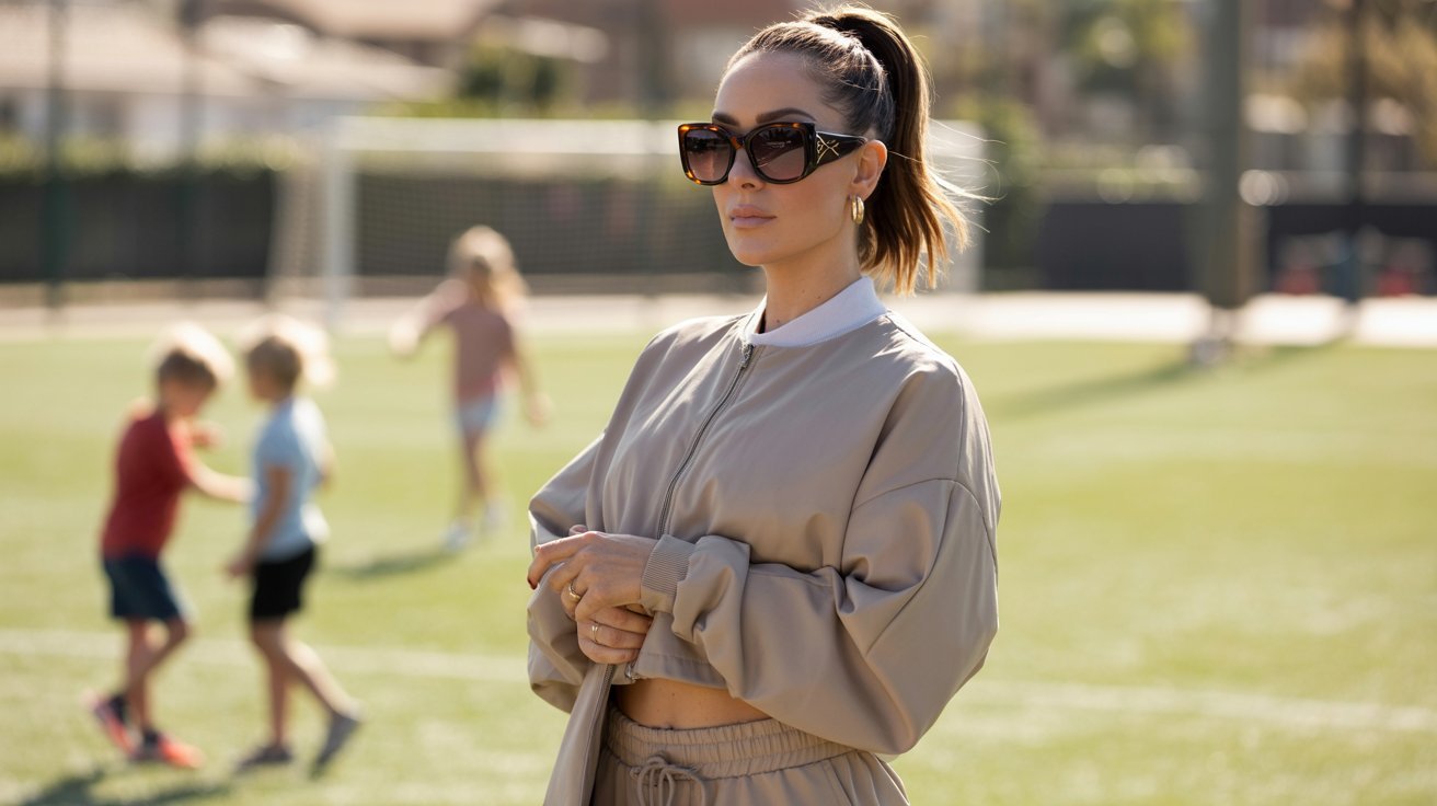 A woman in sunglasses poses on a soccer field, highlighting her chic athleisure set perfect for game-day style.