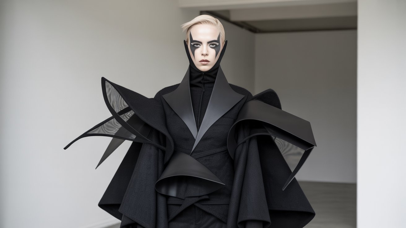 A woman in a black cape and clothing, embodying haute goth fashion with architectural and avant-garde design elements.
