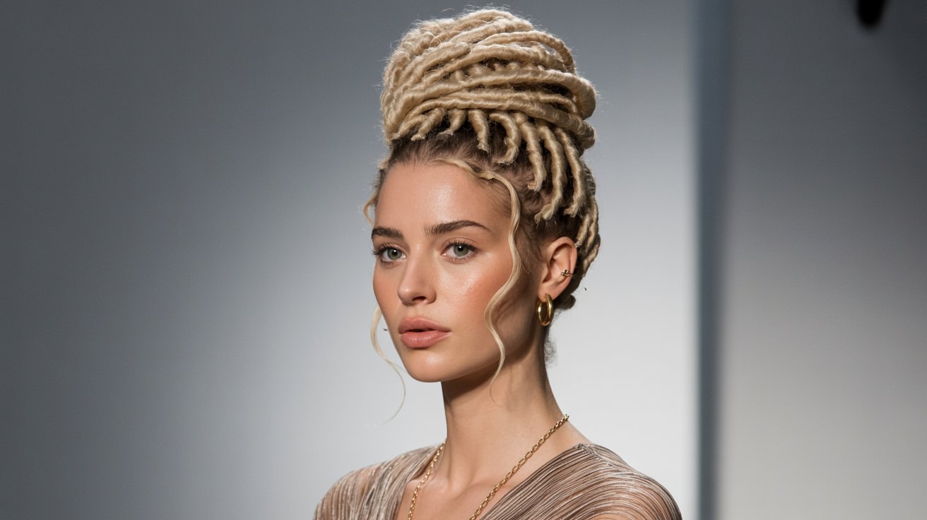 A model showcasing a stylish blonde braid atop her head, highlighting a trendy faux locs bun hairstyle.