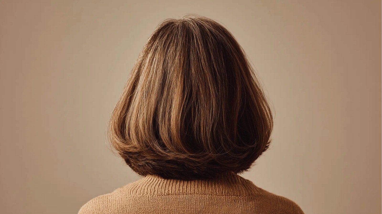 Back view of sleek shoulder length bob haircut with smooth volume and softly curved ends on medium brown hair