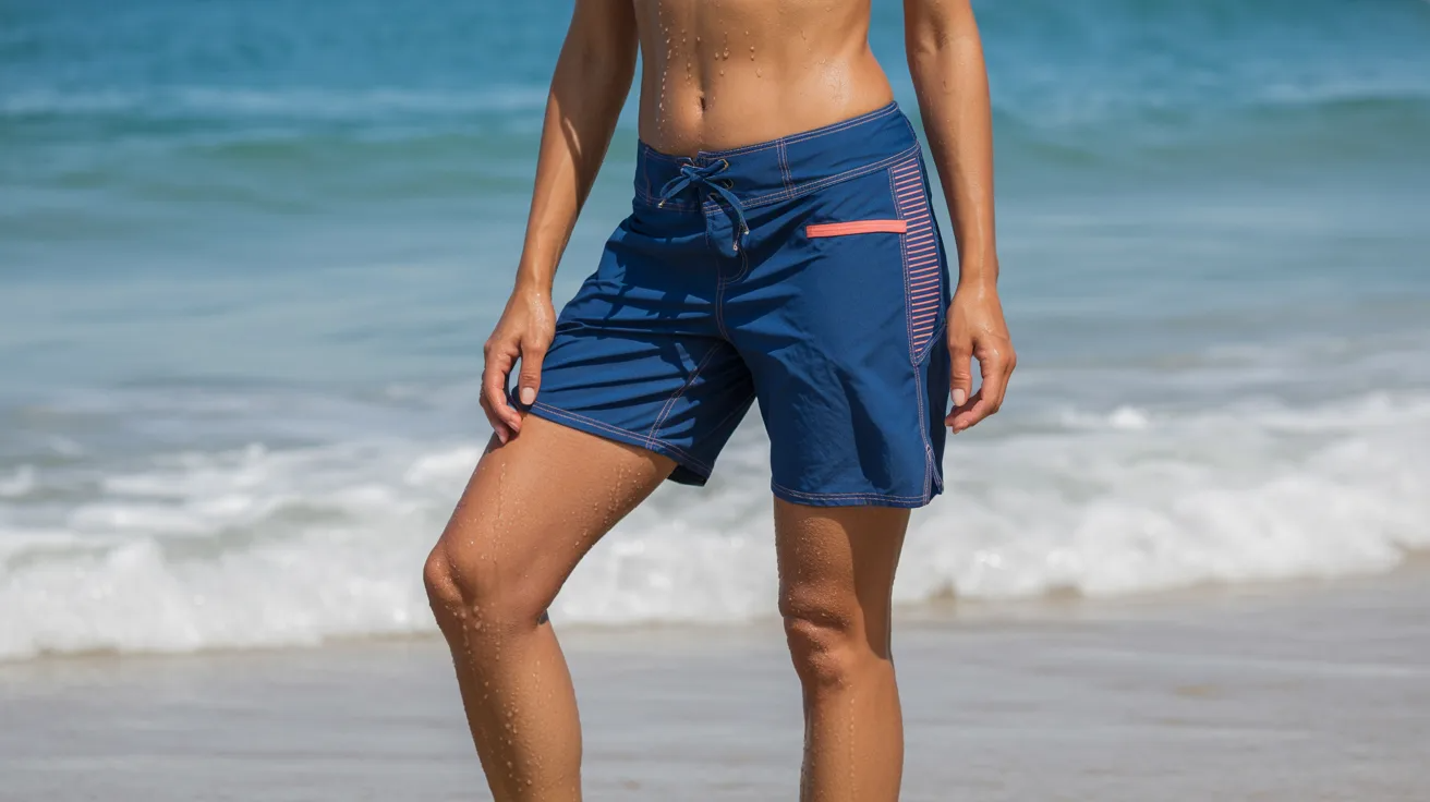 Woman wearing board shorts shown in lower-body beachwear view highlighting quick-dry fabric, longer fit, and surf-inspired vacation style.
