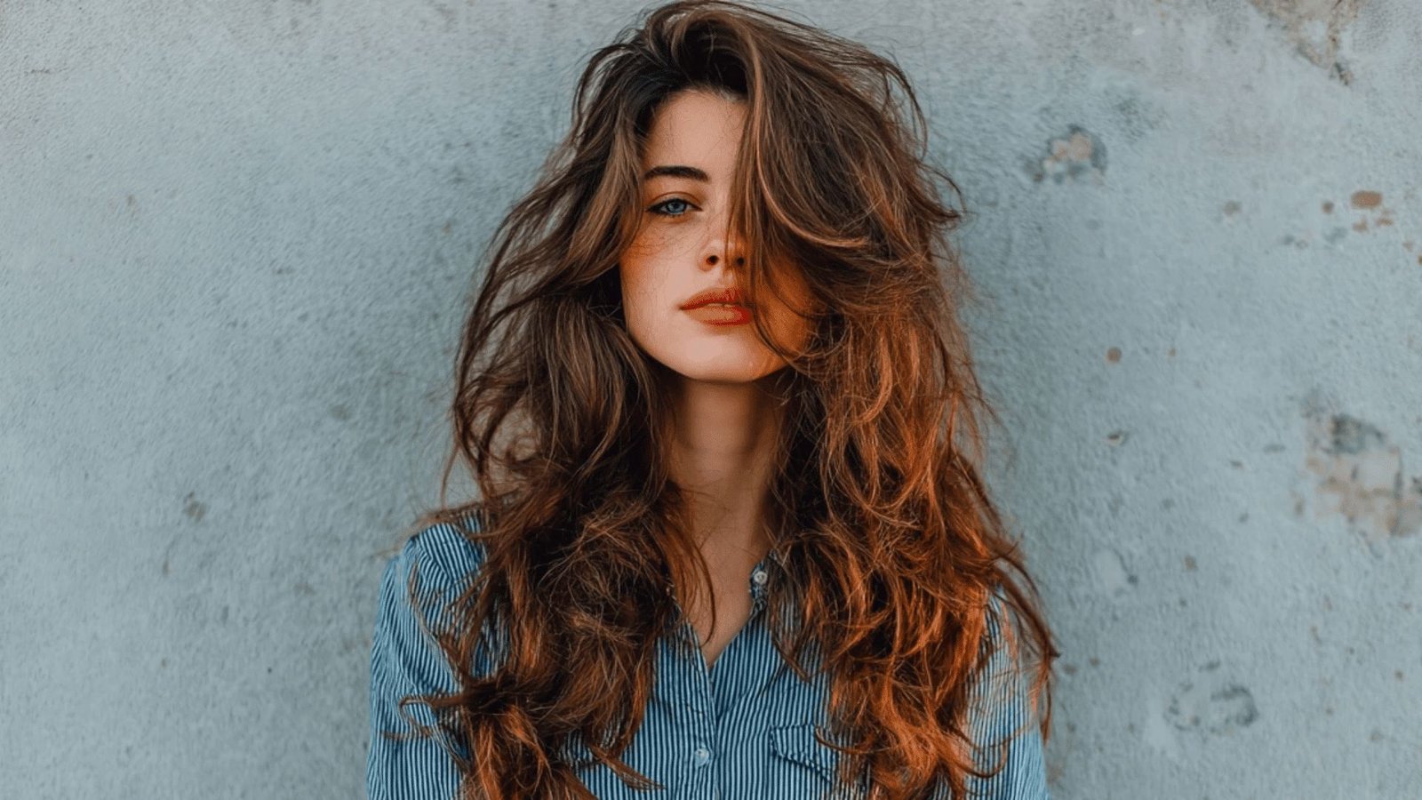 Woman with voluminous auburn waves and deep side-swept bangs.
The long fringe sweeps across the forehead, covering one eye for a dramatic effect.