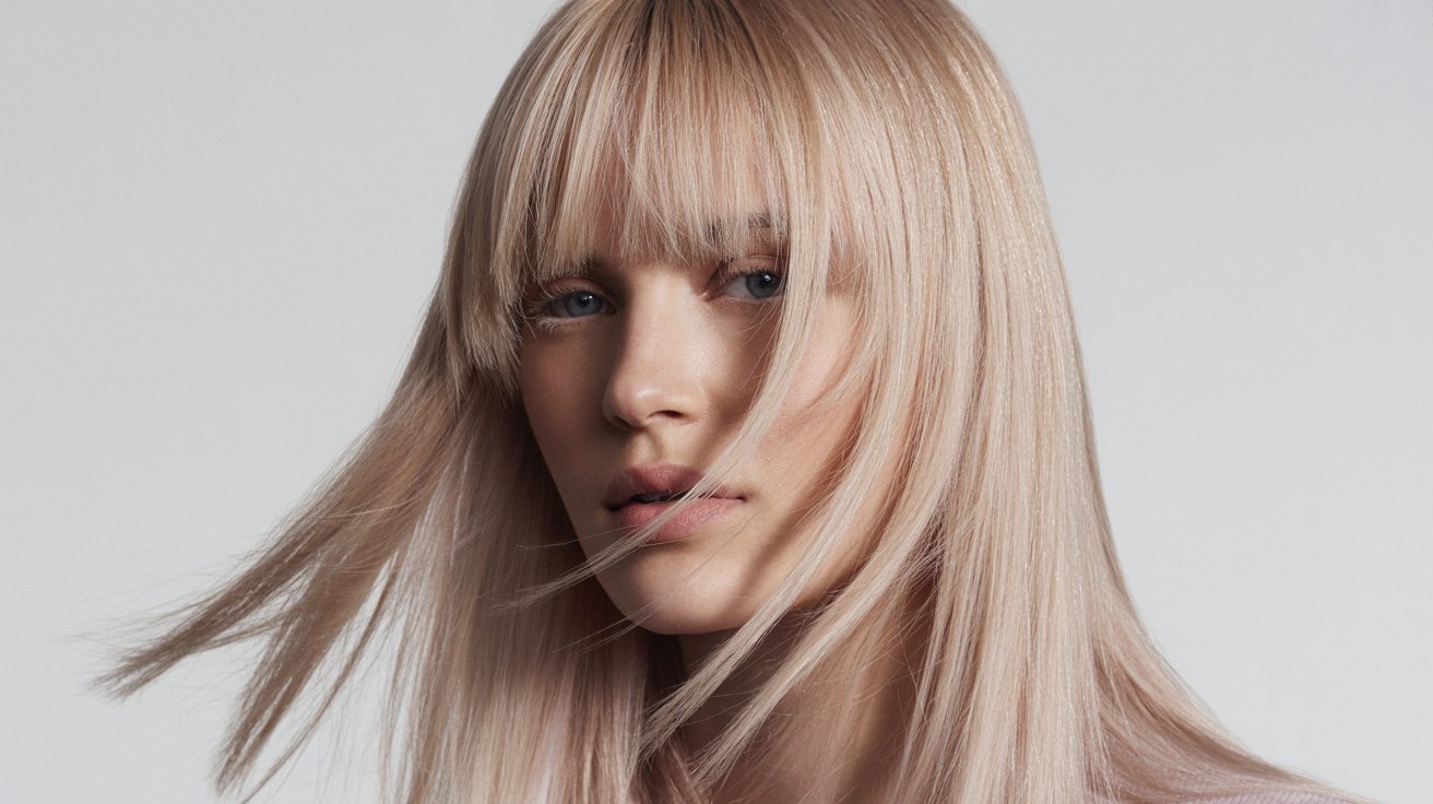  A woman with long blonde hair styled in wispy curtain bang
