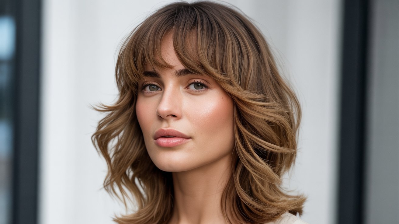 A woman with long, wavy hair and piecey bangs