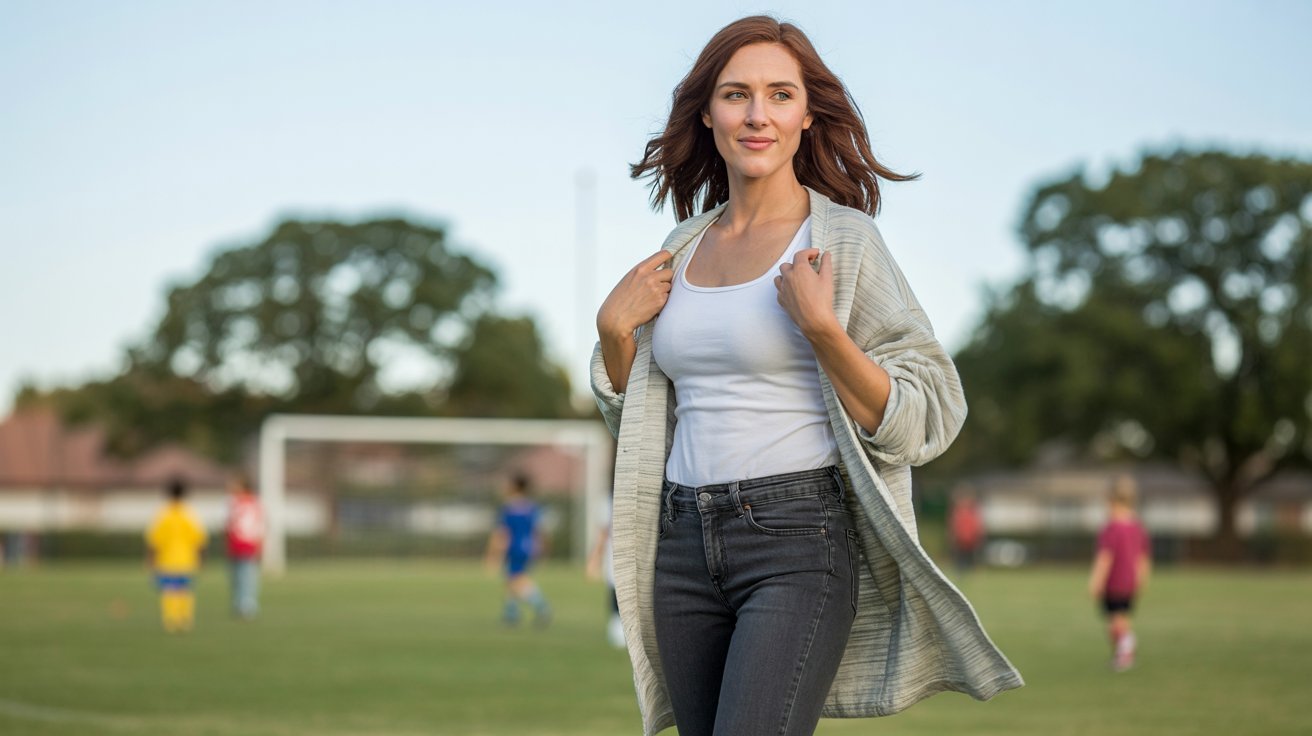 A woman stands on a soccer field, wearing a lightweight cardigan, tank top, and skinny jeans, ready for a game.