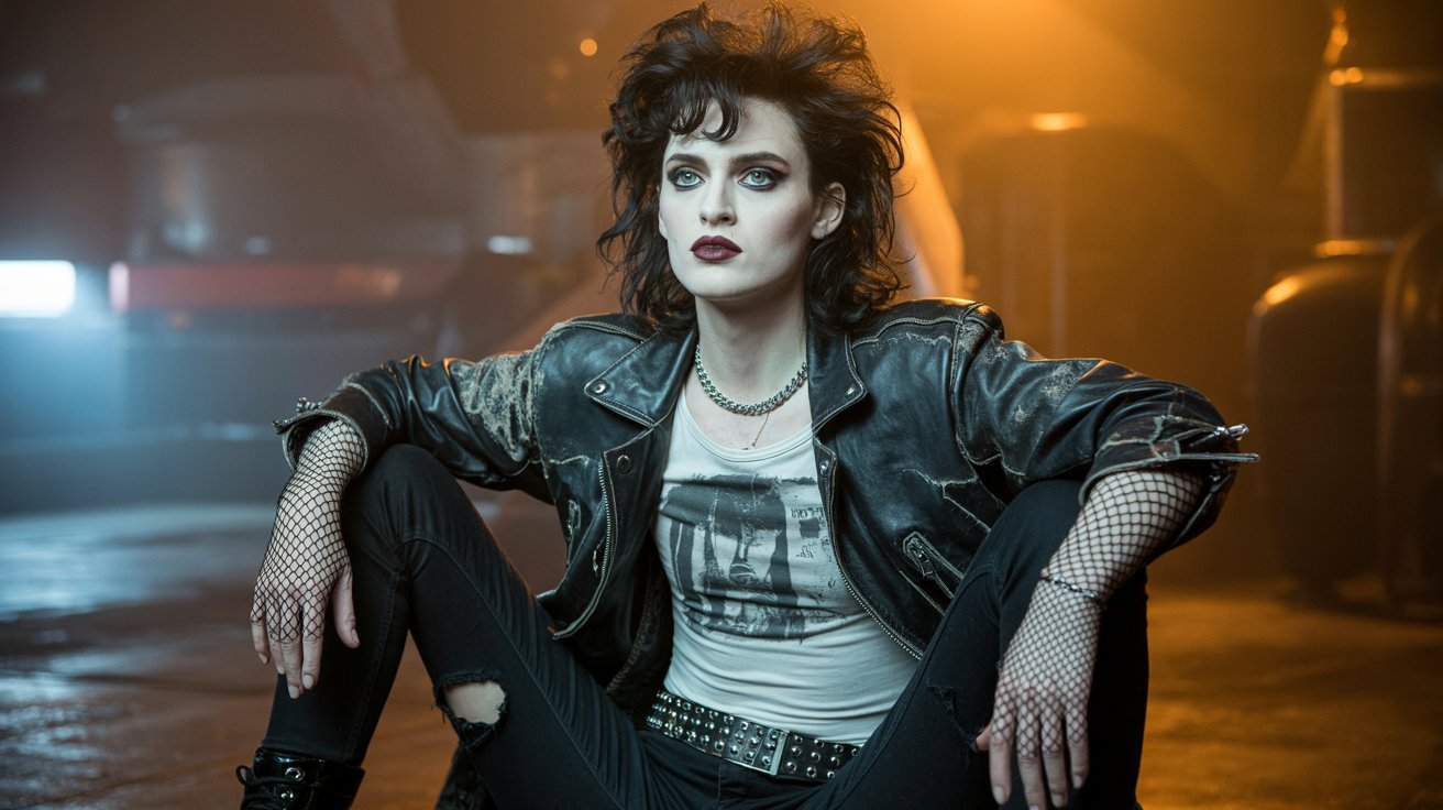 A woman in a leather jacket sits on the ground, embodying the traditional goth style with a punk-influenced aesthetic.
