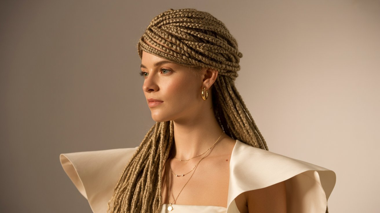 A beautiful woman with faux locs styled in a braided crown, wearing a gold chain, exuding class and confidence.