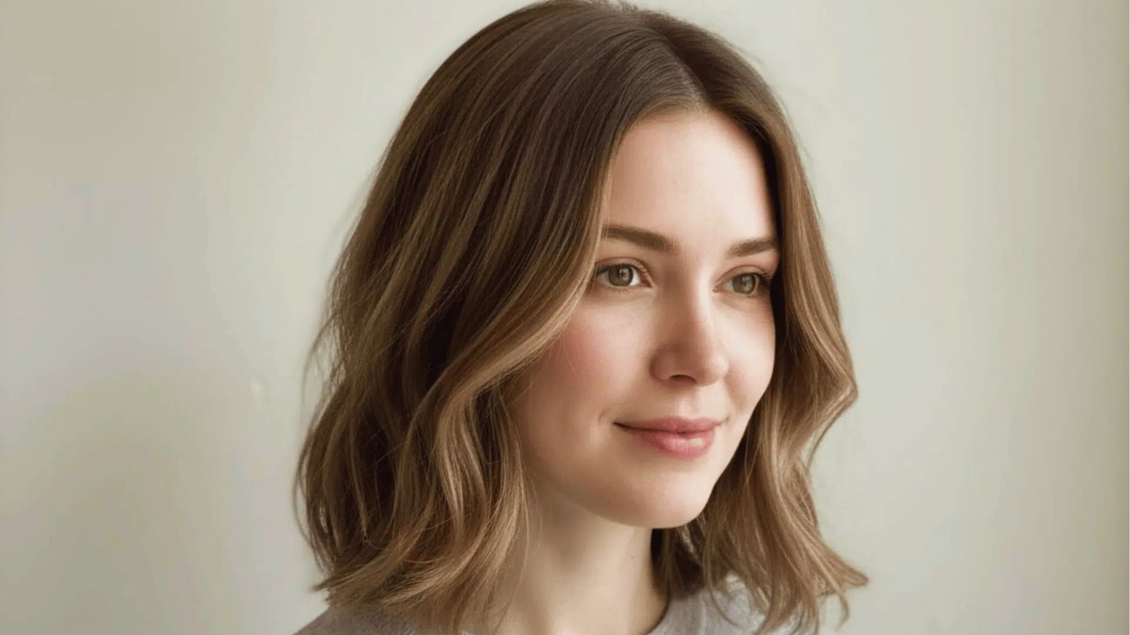 Wavy shoulder length lob haircut with soft layers and subtle highlights on light brown hair