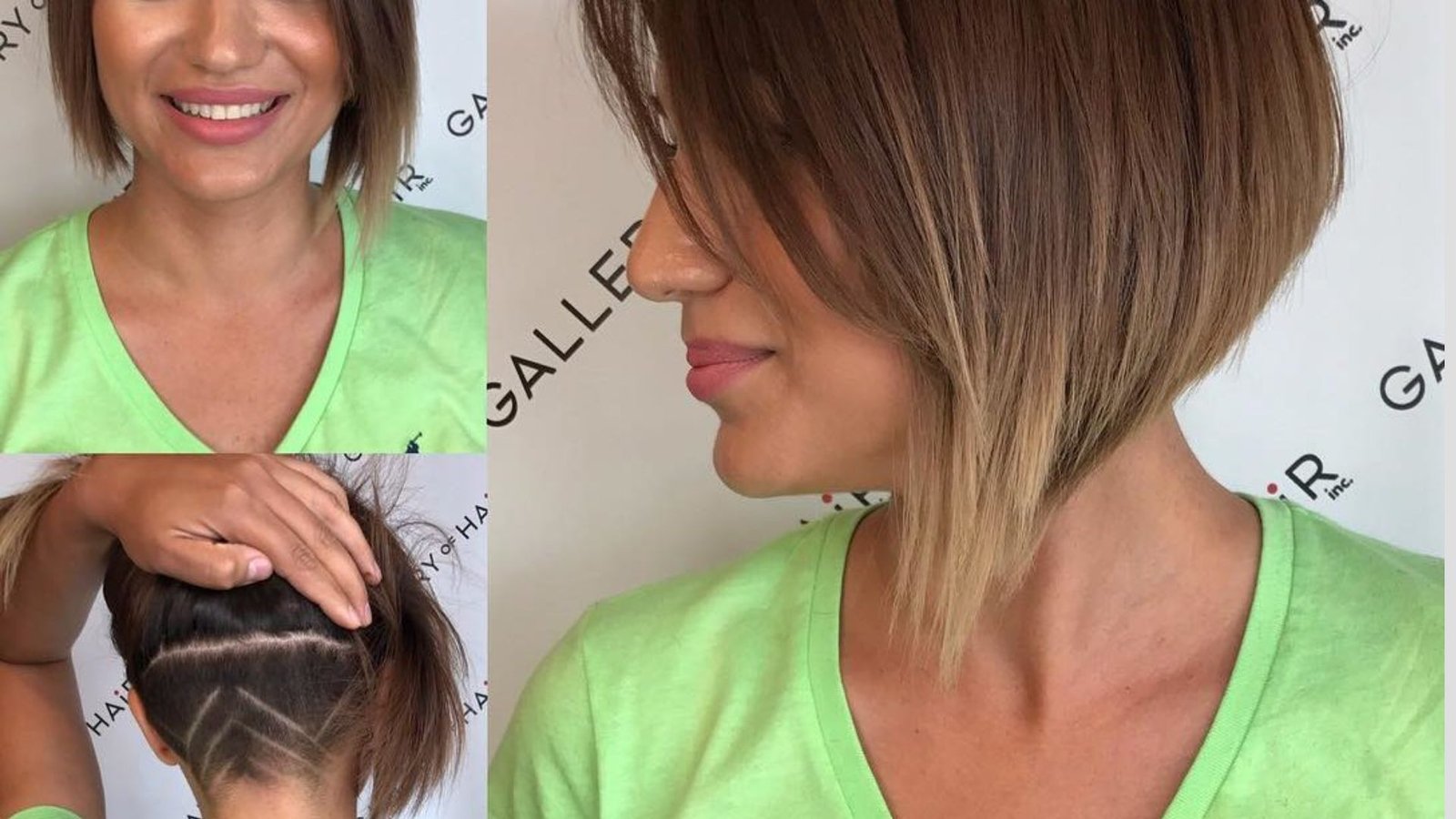 Collage showing a woman with a sleek angled bob from front, side, and back views. Bottom left reveals a hidden chevron-pattern undercut at the nape when hair is lifted.
