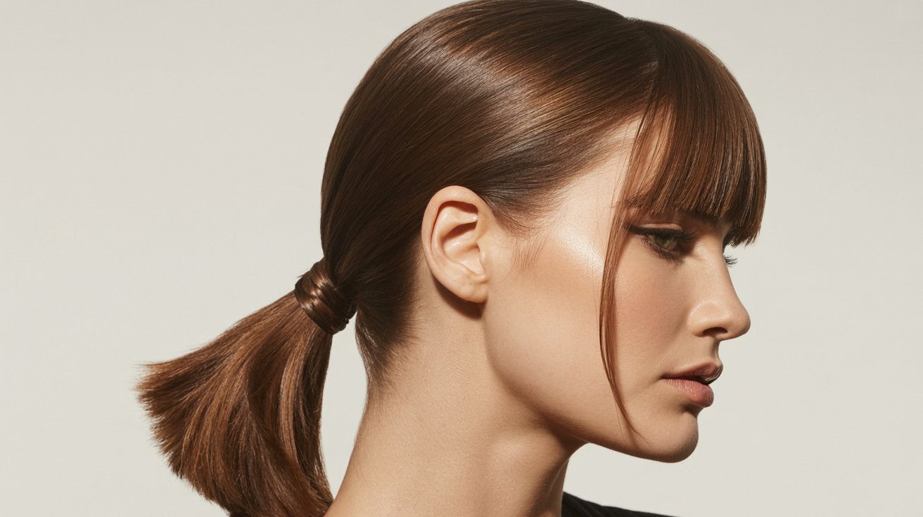 A woman with a low ponytail, curtain bangs, and layered hair, showcasing a stylish and modern hairstyle.
