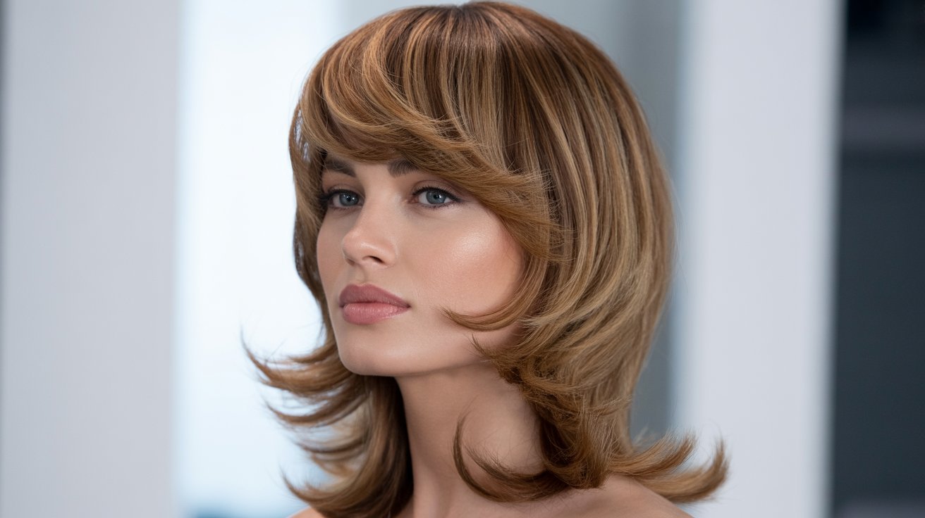 A woman with a long, wavy bob haircut featuring voluminous side bangs, showcasing a stylish and modern look.
