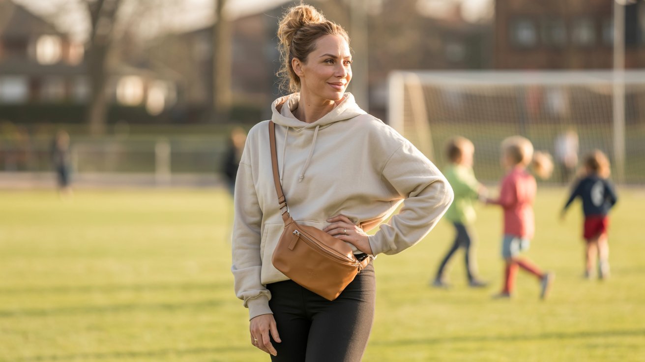 A woman in a hoodie and leggings stands on a soccer field, holding a purse, ready for a day of activities with kids.