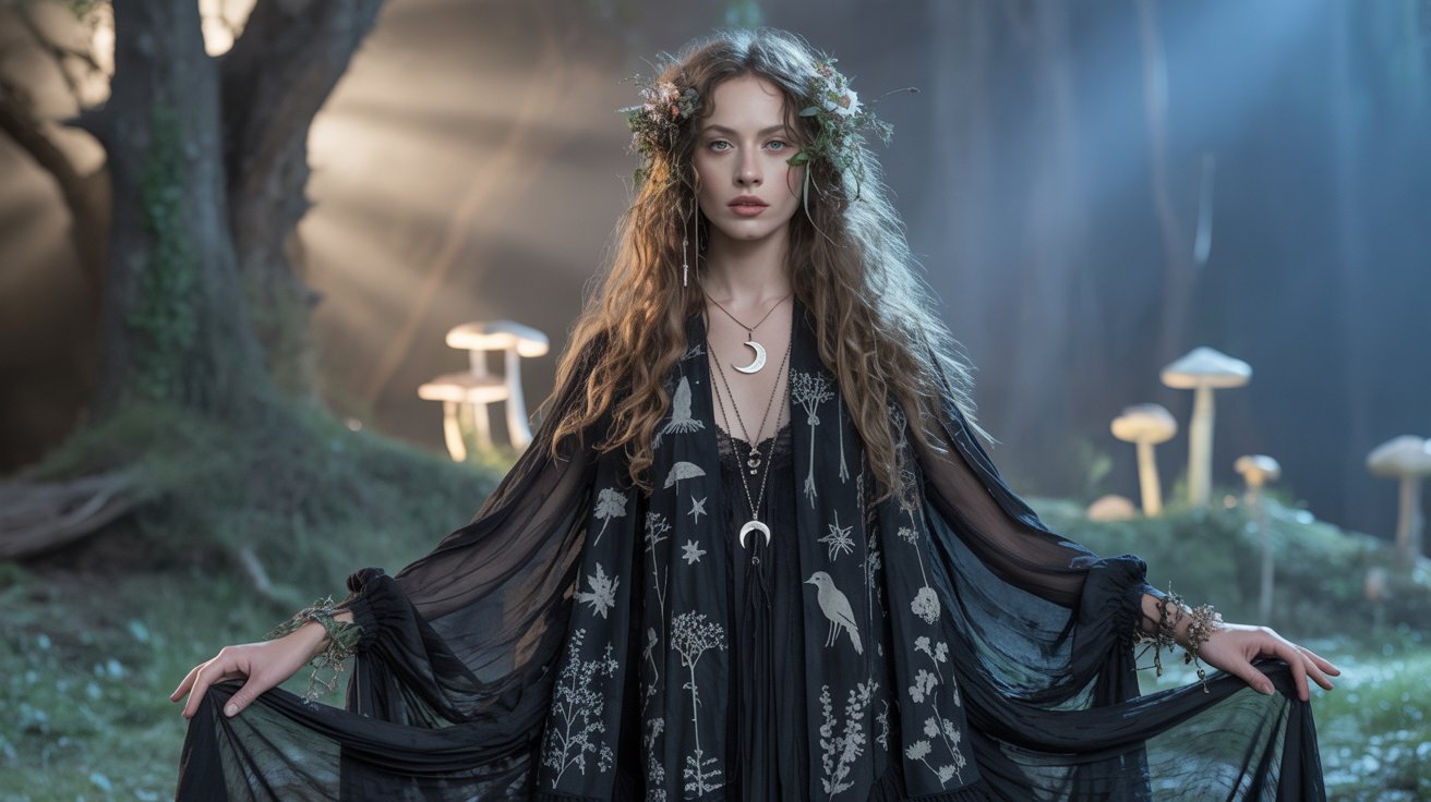 A woman in a black dress stands among trees, embodying a whimsical yet dark fairy tale atmosphere in the woods.
