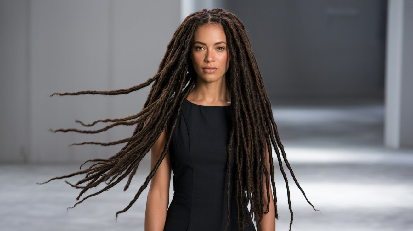 A woman with long dreadlocks confidently walks down the runway, showcasing a stylish faux locs hairstyle.
