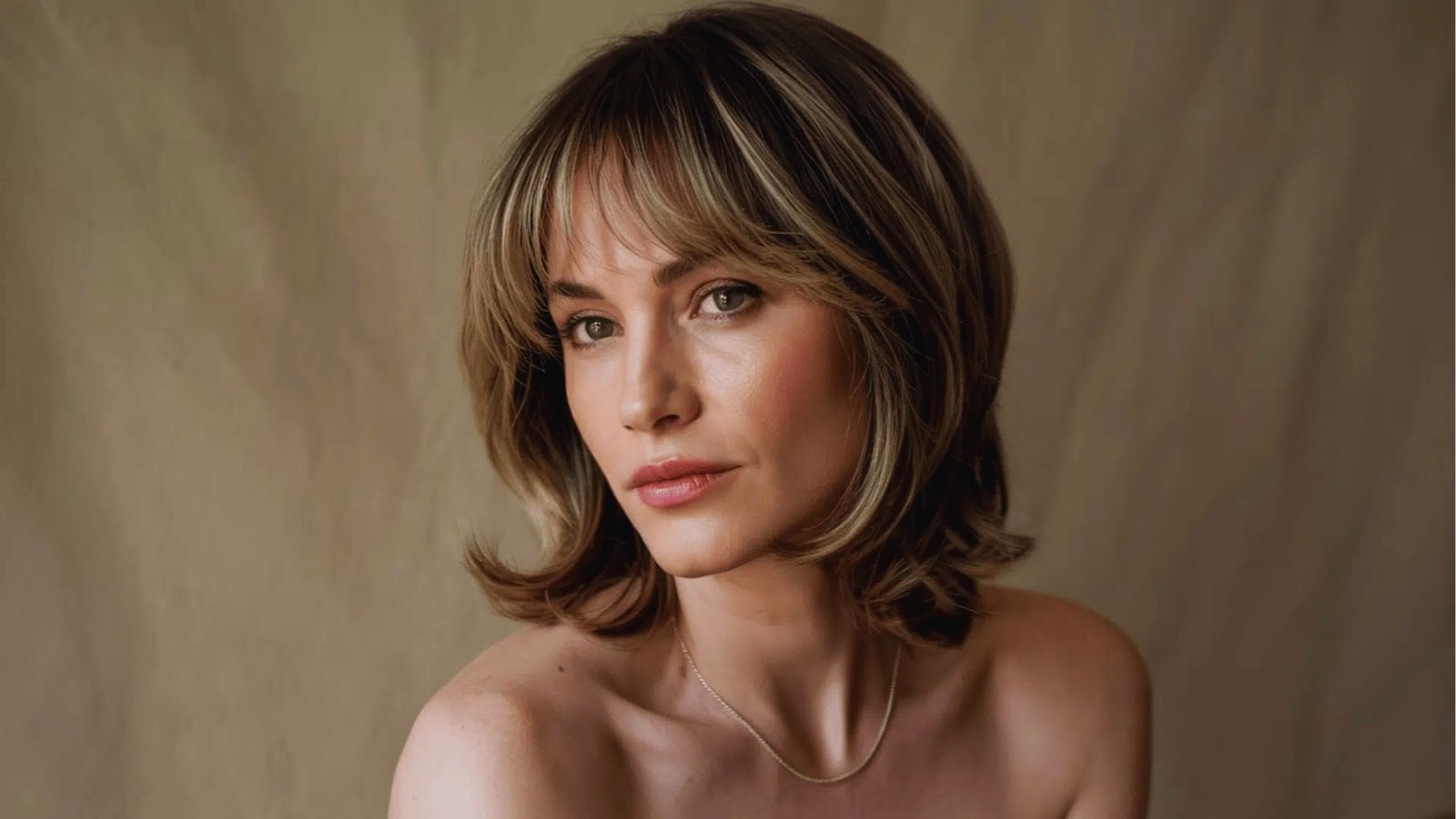 Layered shoulder length haircut with wispy bangs and blonde highlights featuring flipped ends