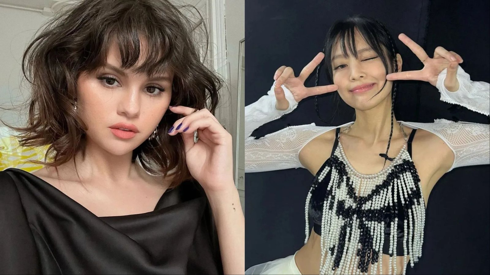 Split image featuring two women with Wispy bang styles. Left has choppy, piecey bangs on wavy hair, right shows soft side-swept bangs on a short bob.