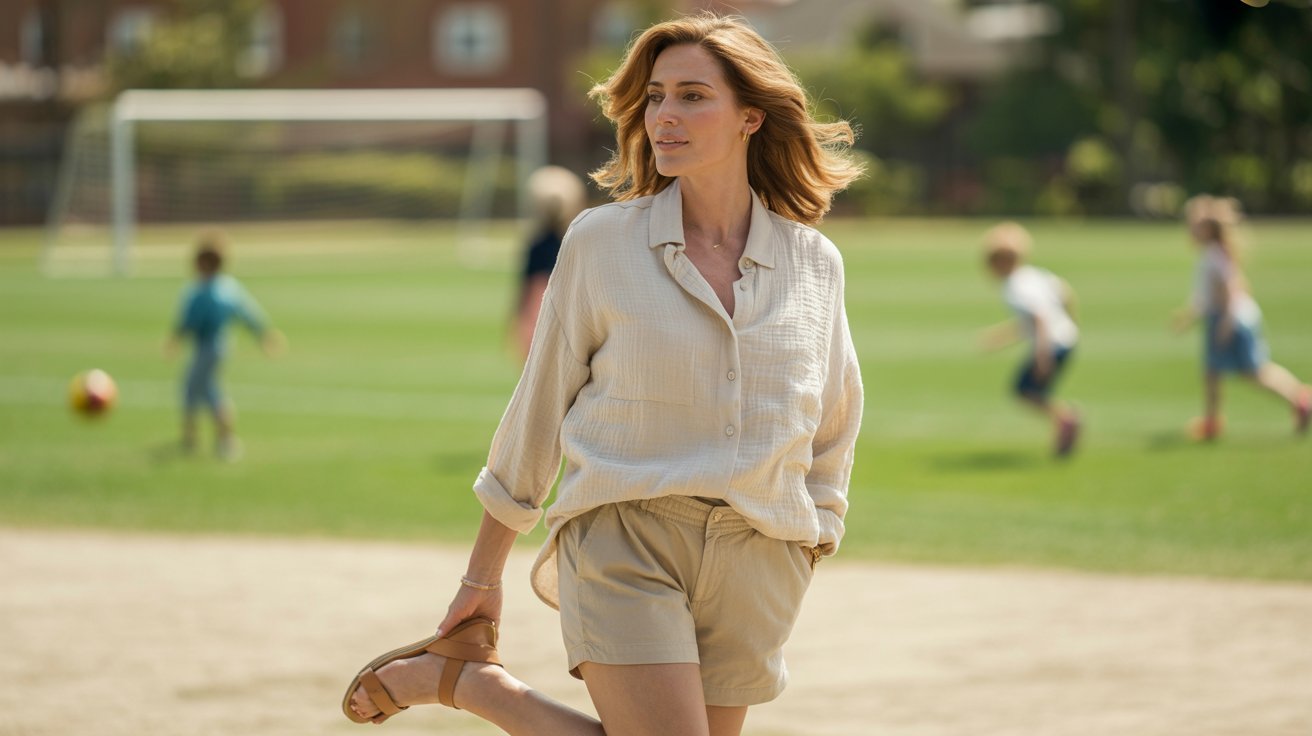 A woman wearing a linen shirt and shorts walks across a sunny field, dressed casually for warm weather activities.