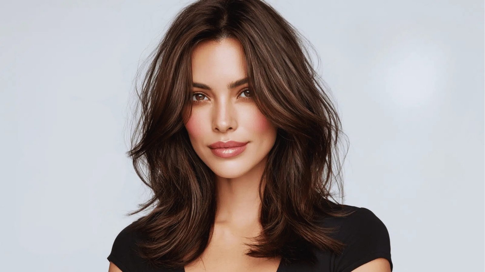 Dark brown shoulder length haircut with soft layers and curtain bangs styled with natural volume