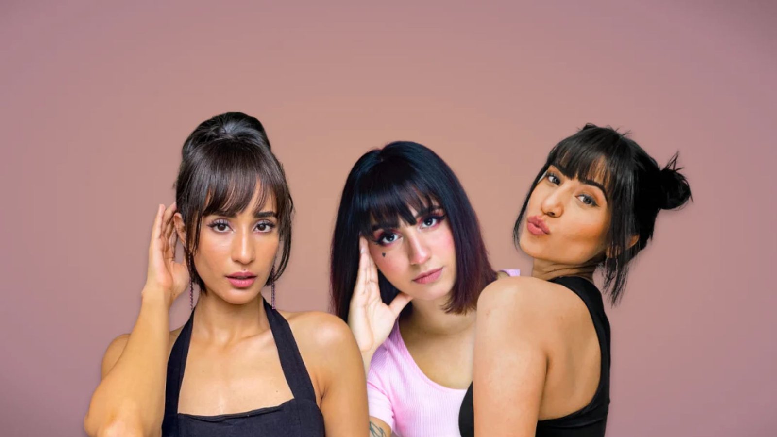 Collage of three women showcasing different full bangs on dark hair. Left has wispy curtain bangs with an updo, center has blunt bangs with a bob, right has baby bangs with space buns.