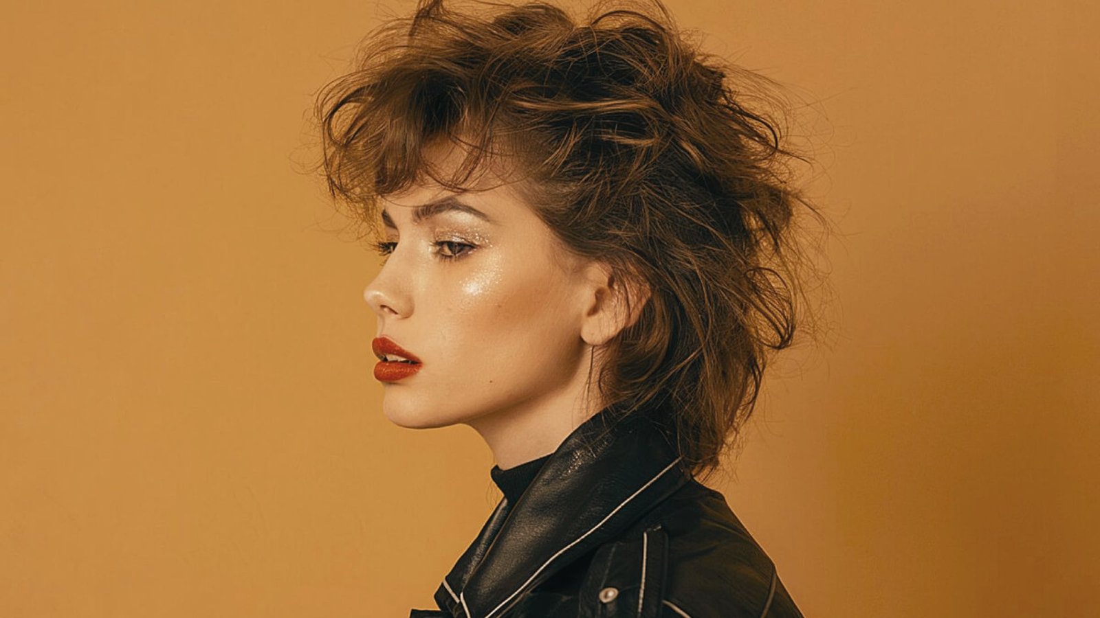 A woman with red lipstick and a leather jacket, showcasing a textured fringe mullet hairstyle.