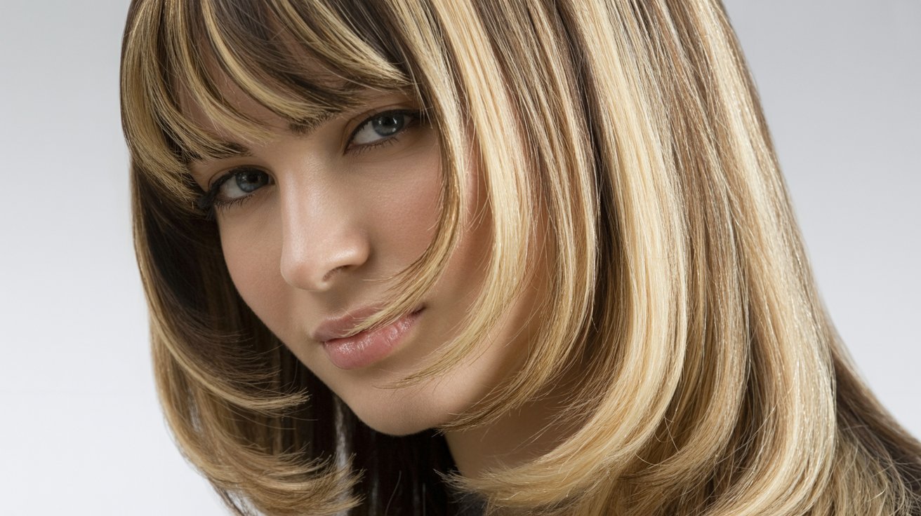  A woman with long blonde hair featuring curtain bangs and face-framing highlights, styled in long layers.
