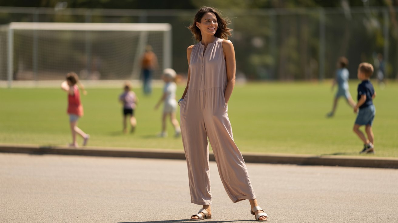 A woman in a tan sleeveless jumpsuit stands confidently on a grassy field, wearing flat sandals for a casual look.