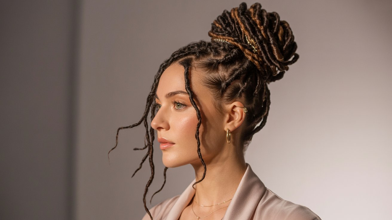 A woman with dreadlocks styled in a low bun, wearing a white shirt, showcasing a chic hairstyle.