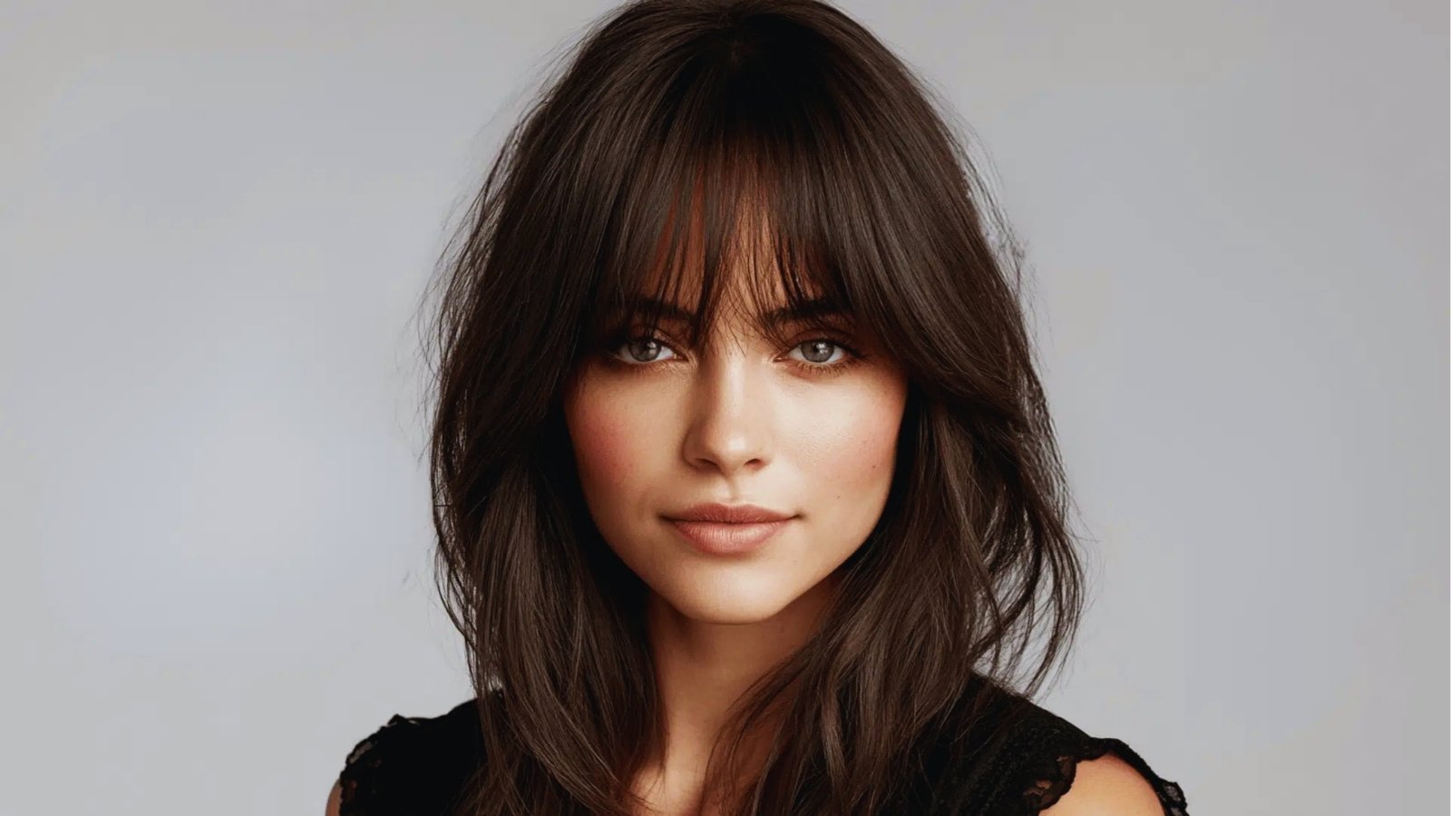 Tousled shoulder length shag haircut with full textured bangs and choppy layers on dark brown hair