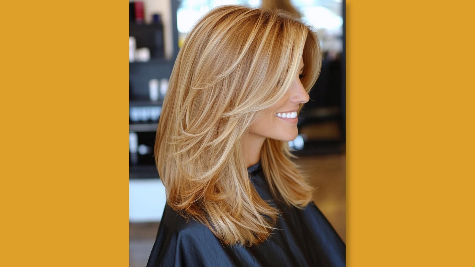 Low maintenance layered medium length haircut with sweeping face-framing layers and dimensional blonde highlights for round face
