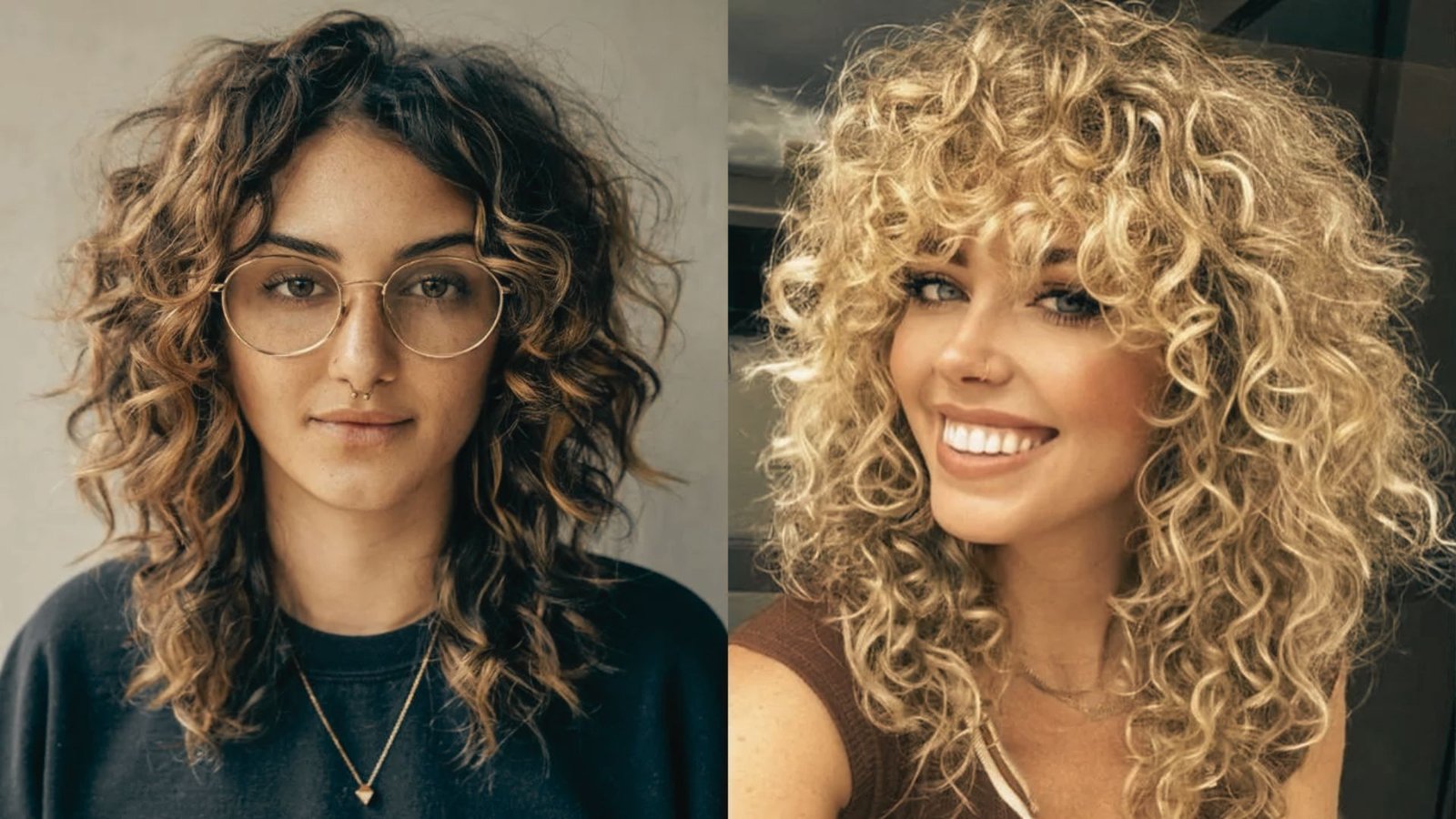 Two women with curly shag mullet hairstyles and glasses, smiling and standing close together.