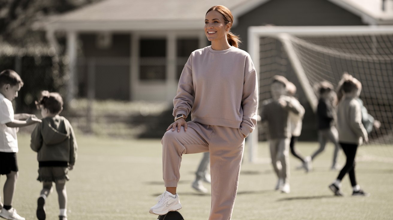 A woman in a pink sweatsuit kicks a soccer ball on a grassy field, showcasing her athleticism and enthusiasm for the game.