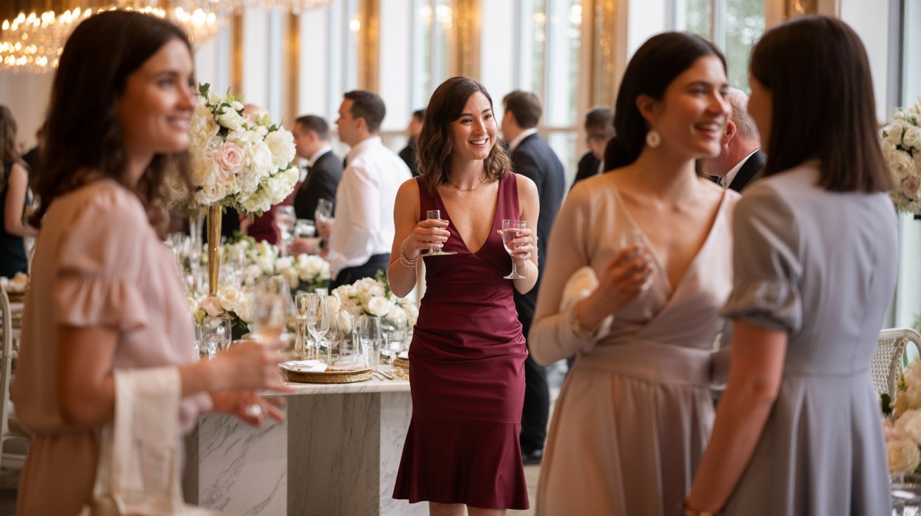 A woman in a burgundy dress smiles while holding a champagne flute amidst a lively reception. Elegant guests chat, surrounded by white floral decor and warm lighting.