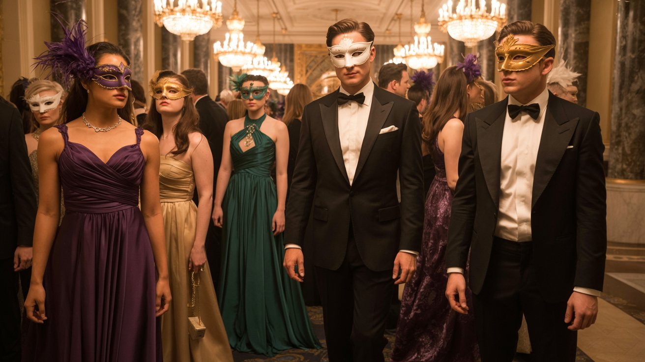 Elegant ballroom scene with guests in luxurious attire wearing ornate masks, exuding a mysterious and opulent atmosphere under grand chandeliers.